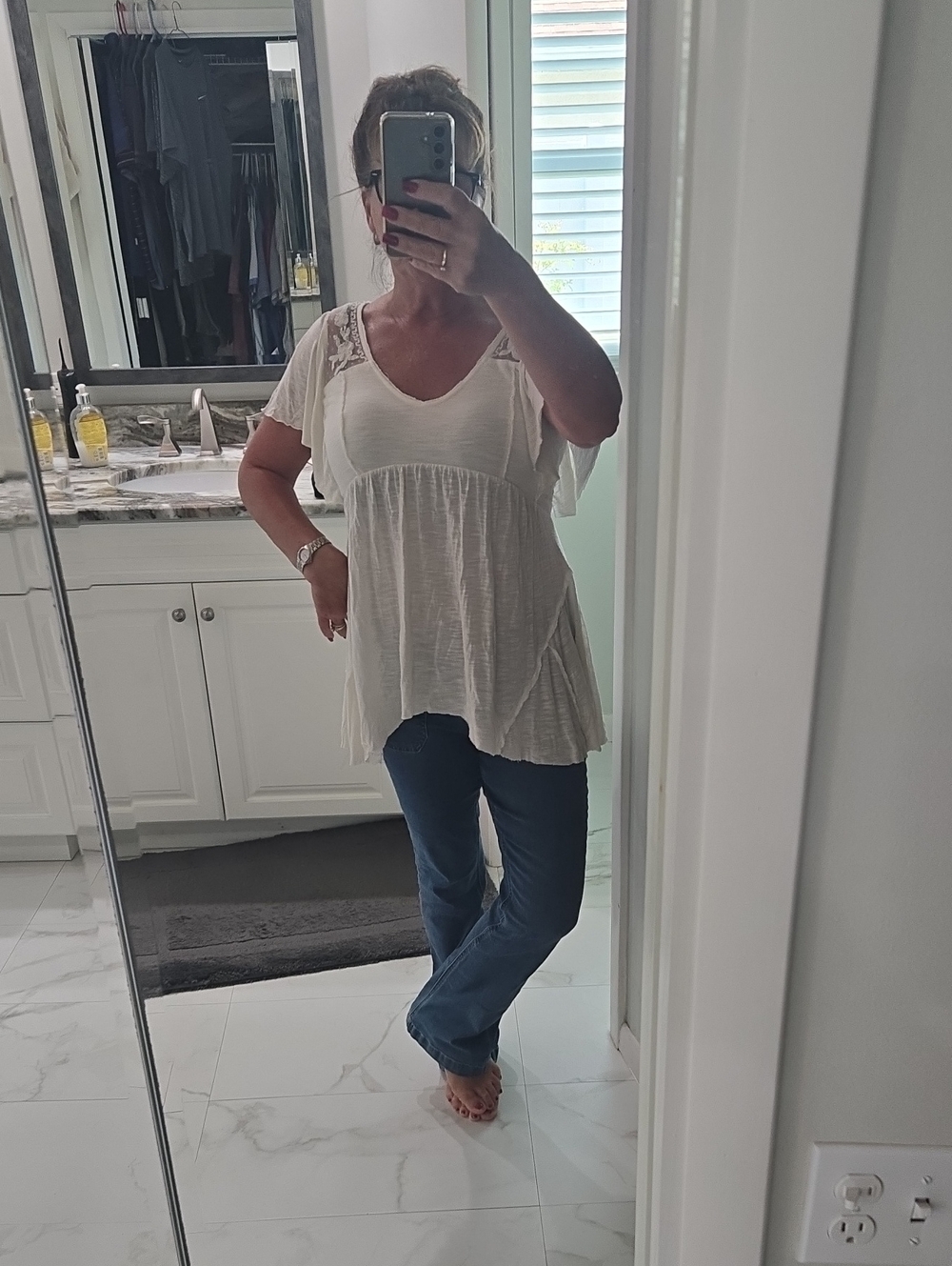 Free People Cream Lace-Shoulder Peplum Tunic